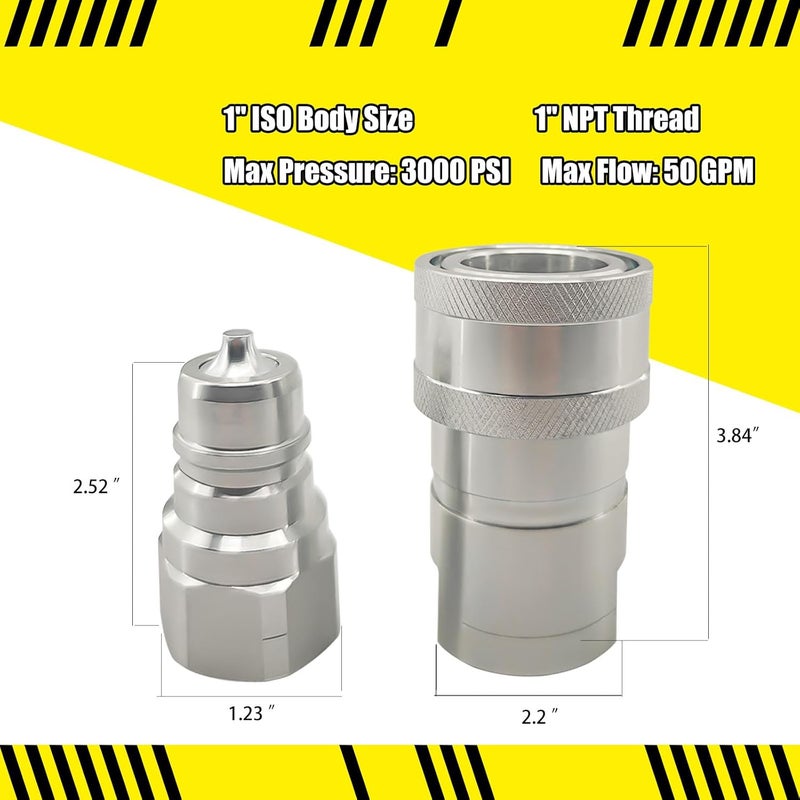 LOSTAR Hydraulic Quick Connect Coupler Set for Tractor, Heavy-Duty Carbon Steel Poppet Valve Fittings with 1'' NPT Thread and Dust Cap for Parker 4000 Replaces 4010-6P 4050-6P - Image 3